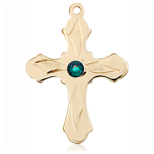 14kt Yellow Gold 7/8in Etched Cross with 3mm Emerald Bead  