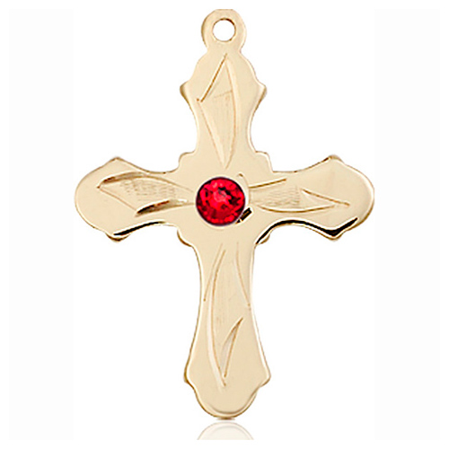 14kt Yellow Gold 7/8in Etched Cross with 3mm Ruby Bead  