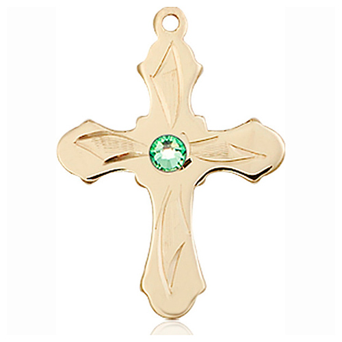14kt Yellow Gold 7/8in Etched Cross with 3mm Peridot Bead  