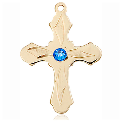 14kt Yellow Gold 7/8in Etched Cross with 3mm Sapphire Bead  