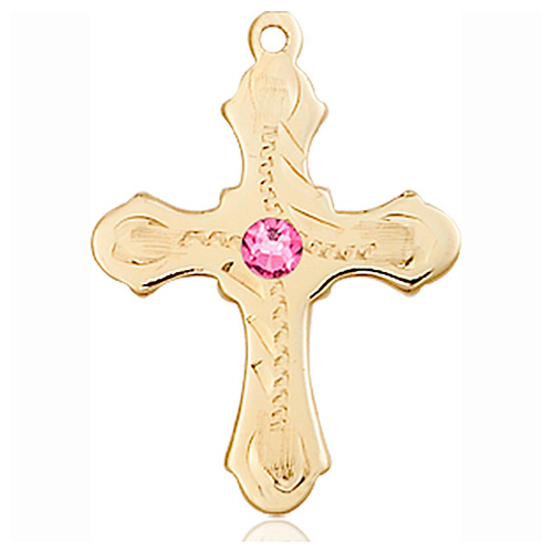 14kt Yellow Gold 7/8in Beaded Cross with 3mm Rose Bead  