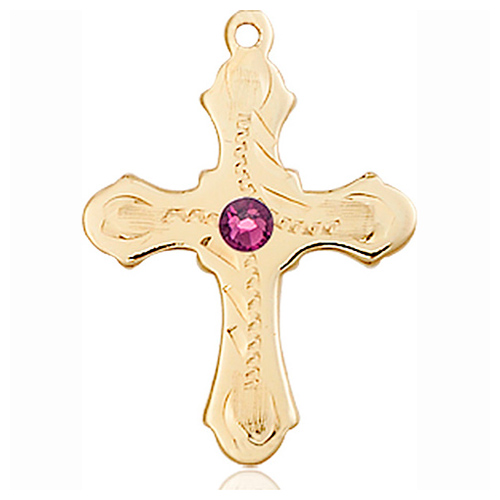 14kt Yellow Gold 7/8in Beaded Cross with 3mm Amethyst Bead  