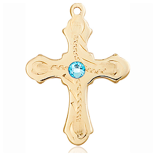 14kt Yellow Gold 7/8in Beaded Cross with 3mm Aqua Bead  