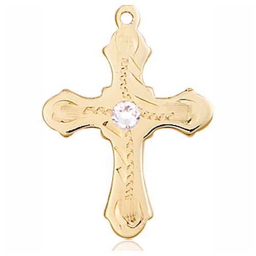 14kt Yellow Gold 7/8in Beaded Cross with 3mm Crystal Bead  