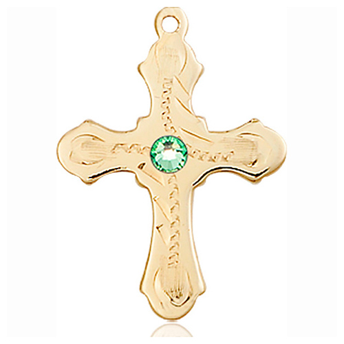 14kt Yellow Gold 7/8in Beaded Cross with 3mm Peridot Bead  