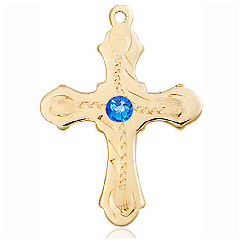 14kt Yellow Gold 7/8in Beaded Cross with 3mm Sapphire Bead  