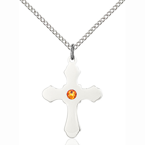 Sterling Silver 7/8in Budded Cross with 3mm Topaz Bead & 18in Chain