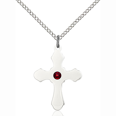 Sterling Silver 7/8in Budded Cross with 3mm Garnet Bead & 18in Chain