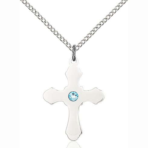 Sterling Silver 7/8in Budded Cross with Aquamarine Bead & 18in Chain