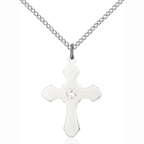 Sterling Silver 7/8in Budded Cross with 3mm Crystal Bead & 18in Chain