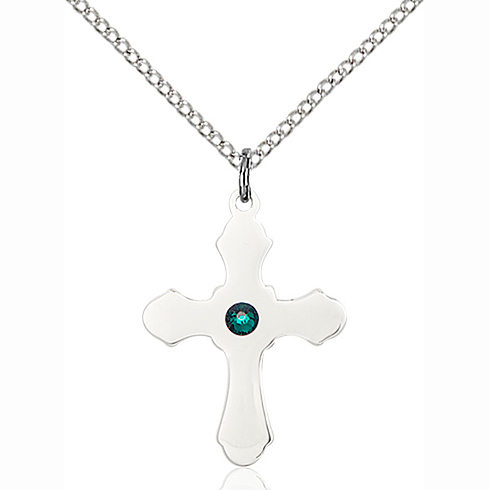 Sterling Silver 7/8in Budded Cross with 3mm Emerald Bead & 18in Chain