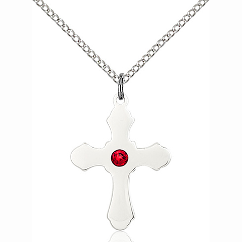 Sterling Silver 7/8in Budded Cross with 3mm Ruby Bead & 18in Chain