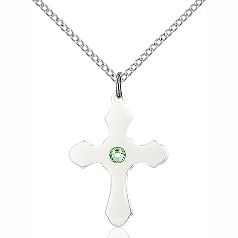 Sterling Silver 7/8in Budded Cross with 3mm Peridot Bead & 18in Chain