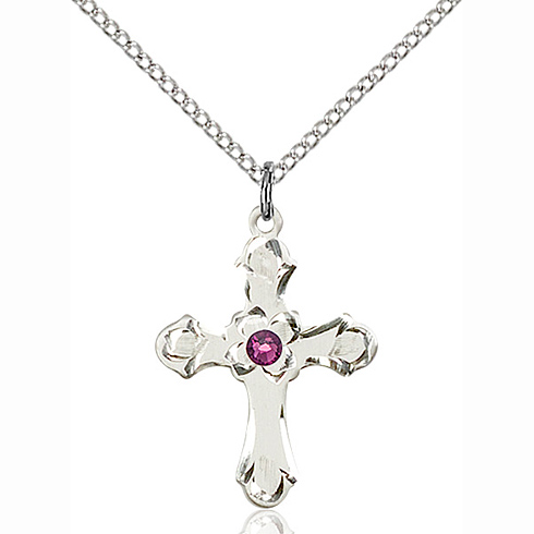 Sterling Silver 7/8in Floral Cross Amethyst Bead & 18in Chain