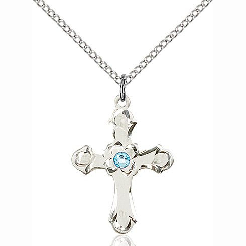 Sterling Silver 7/8in Floral Cross Aquamarine Bead & 18in Chain
