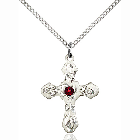 Sterling Silver 7/8in Ornate Garnet Bead Cross Pendant & 18in Chain