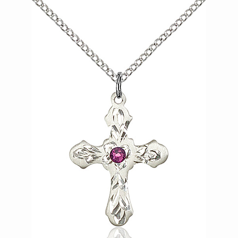 Sterling Silver 7/8in Ornate Amethyst Bead Cross Pendant & 18in Chain