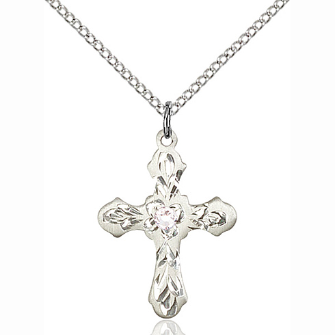 Sterling Silver 7/8in Ornate Crystal Bead Cross Pendant & 18in Chain