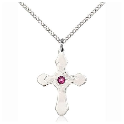 Sterling Silver 7/8in Florid Amethyst Bead Cross Pendant & 18in Chain