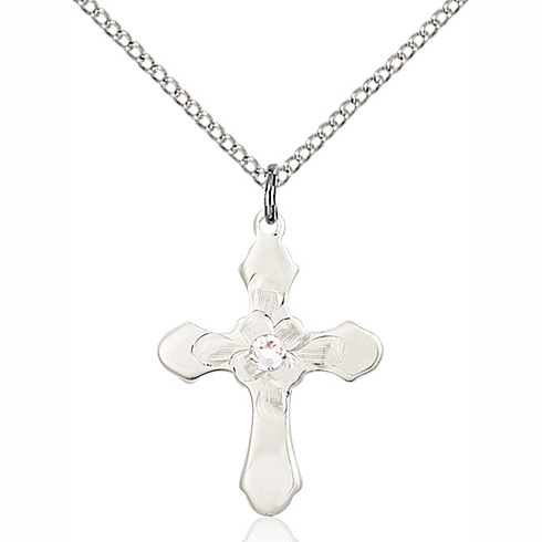 Sterling Silver 7/8in Florid Crystal Bead Cross Pendant & 18in Chain
