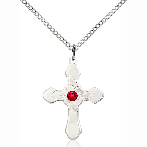 Sterling Silver 7/8in Florid Ruby Bead Cross Pendant & 18in Chain