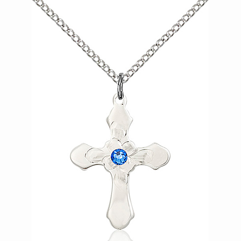 Sterling Silver 7/8in Sapphire Bead Florid Cross Pendant & 18in Chain