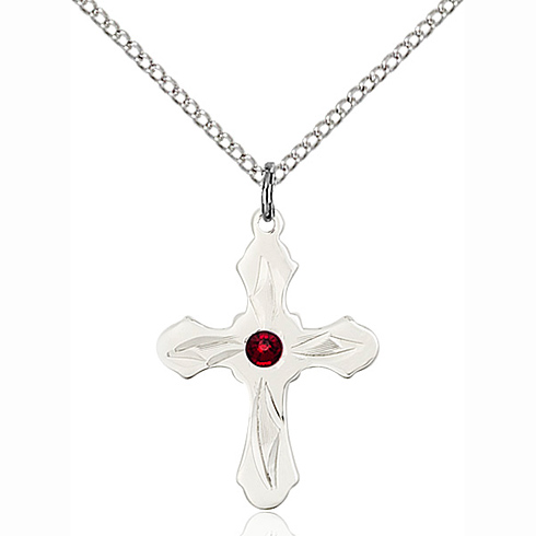 Sterling Silver 7/8in Etched Garnet Bead Cross Pendant & 18in Chain