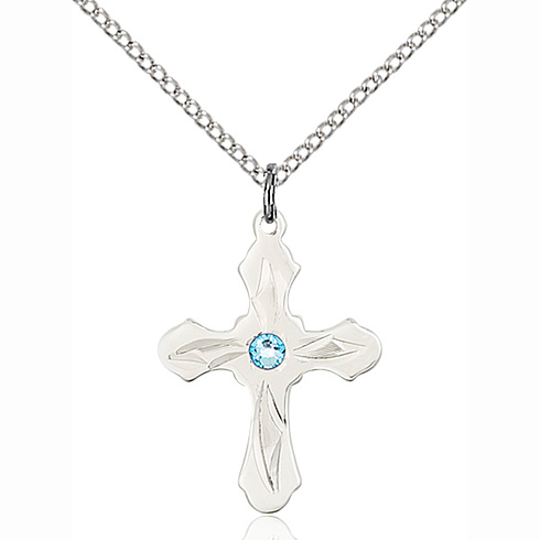 Sterling Silver 7/8in Aqua Bead Etched Cross Pendant & 18in Chain