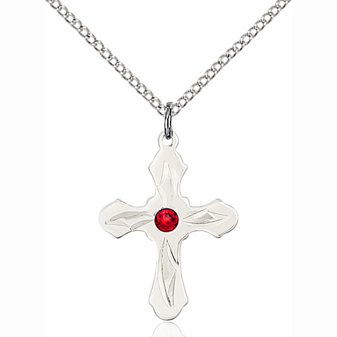 Sterling Silver 7/8in Ruby Bead Etched Cross Pendant & 18in Chain