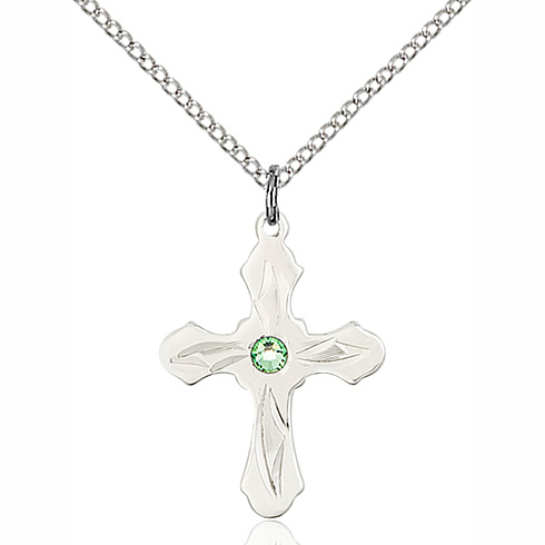 Sterling Silver 7/8in Peridot Bead Etched Cross Pendant & 18in Chain
