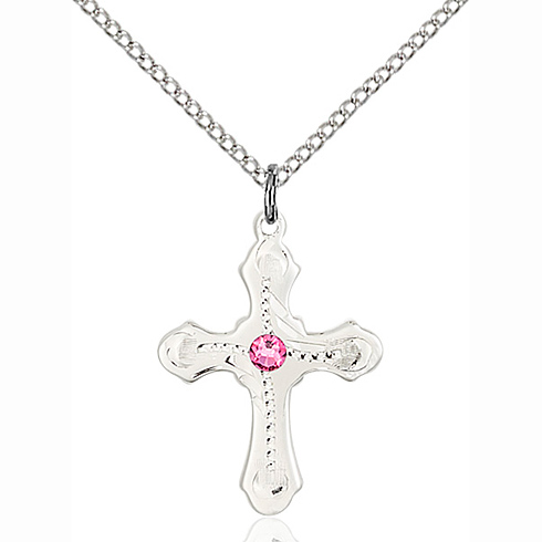 Sterling Silver 7/8in Beaded Cross Pendant with Rose Bead & 18in Chain