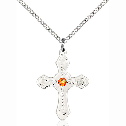 Sterling Silver 7/8in Beaded Cross Pendant with Topaz & 18in Chain