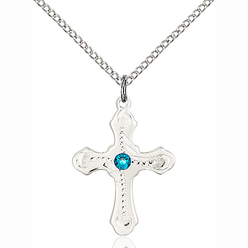 Sterling Silver 7/8in Beaded Cross Pendant with Zircon & 18in Chain