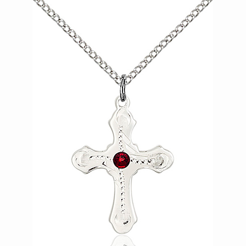 Sterling Silver 7/8in Beaded Cross Pendant with Garnet & 18in Chain