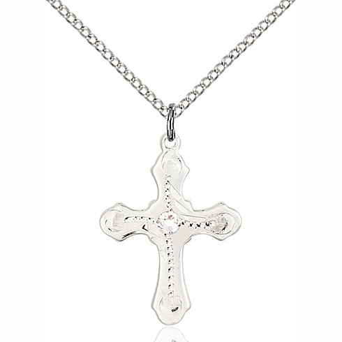 Sterling Silver 7/8in Beaded Cross Pendant with Crystal & 18in Chain