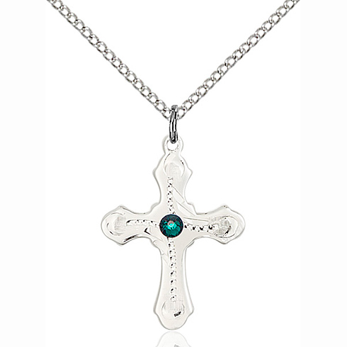 Sterling Silver 7/8in Beaded Cross Pendant with Emerald & 18in Chain