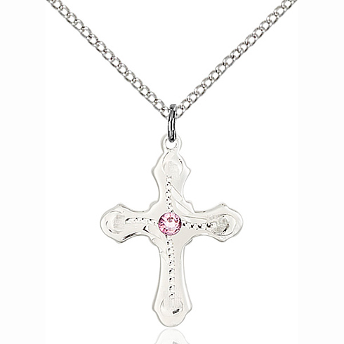 Sterling Silver 7/8in Beaded Cross Pendant with Amethyst & 18in Chain