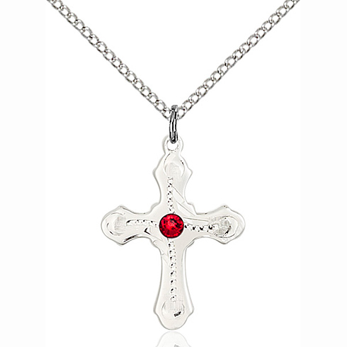 Sterling Silver 7/8in Beaded Cross Pendant with Ruby & 18in Chain