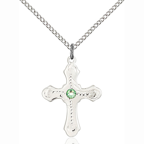 Sterling Silver 7/8in Beaded Cross Pendant with Peridot & 18in Chain