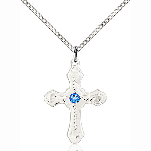 Sterling Silver 7/8in Sapphire Bead Cross Pendant & 18in Chain