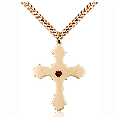 Gold Filled 1 1/4in Cross Pendant with 3mm Garnet Bead & 24in Chain