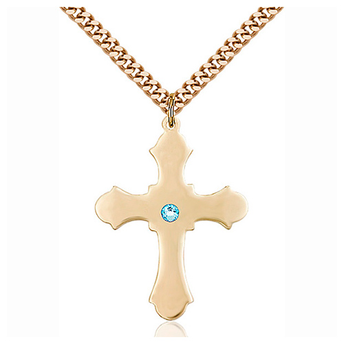 Gold Filled 1 1/4in Cross Pendant with 3mm Aqua Bead & 24in Chain
