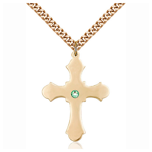 Gold Filled 1 1/4in Cross Pendant with 3mm Peridot Bead & 24in Chain