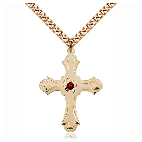 Gold Filled 1 1/4in Floral Garnet Bead Cross Pendant & 24in Chain