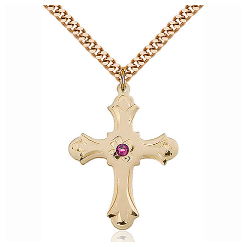 Gold Filled 1 1/4in Floral Amethyst Bead Cross Pendant & 24in Chain