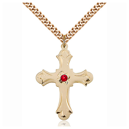 Gold Filled 1 1/4in Floral Ruby Bead Cross Pendant & 24in Chain