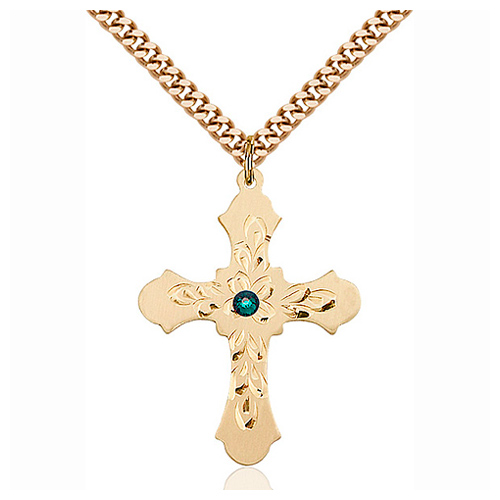 Gold Filled 1 1/4in Baroque Emerald Bead Cross Pendant & 24in Chain