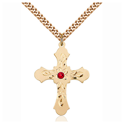 Gold Filled 1 1/4in Baroque Ruby Bead Cross Pendant & 24in Chain