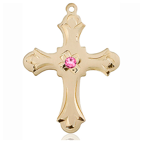 14kt Yellow Gold 1 1/4in Floral Cross with 3mm Rose Bead  