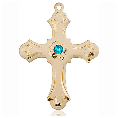14kt Yellow Gold 1 1/4in Floral Cross with 3mm Zircon Bead  